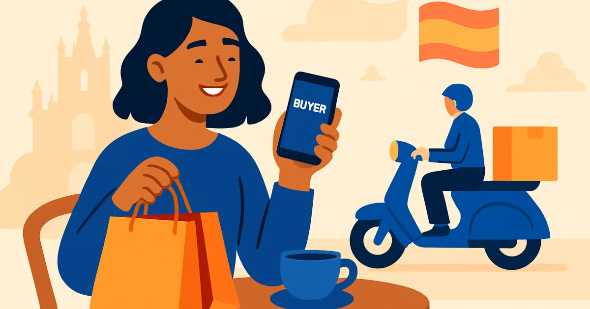 A smiling shopper holding a mobile phone and shopping bags while sitting at a cafe