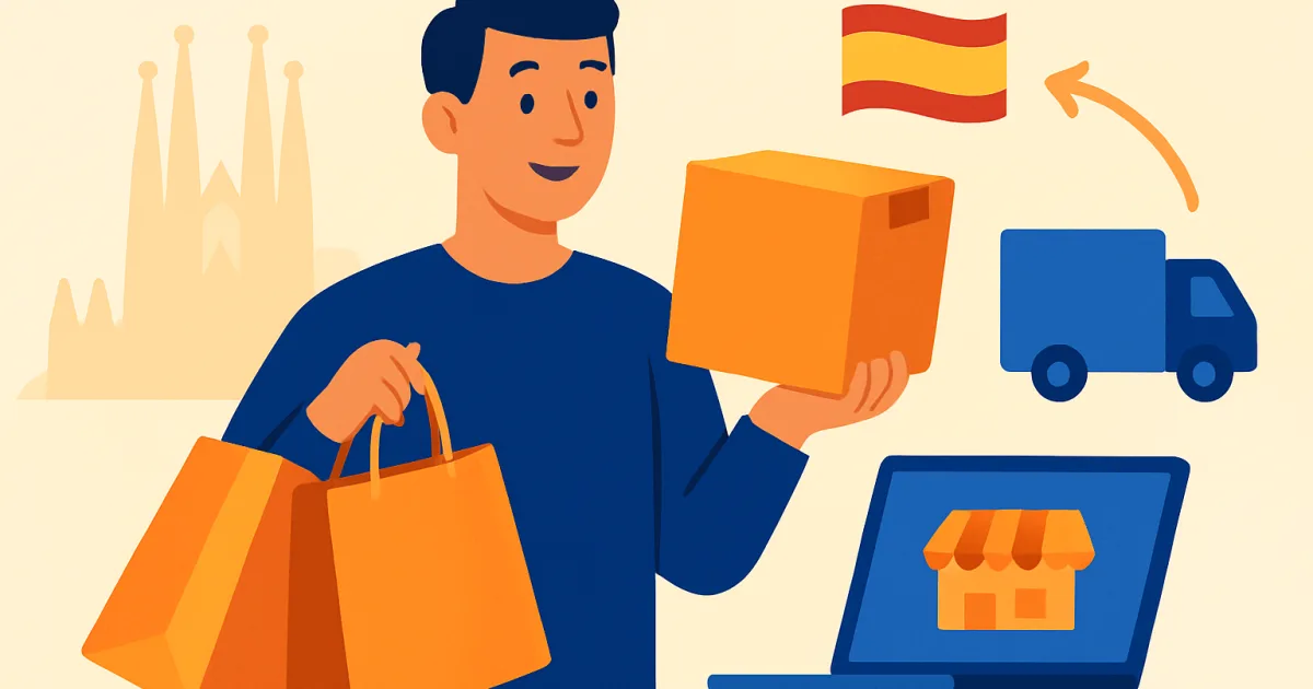 Un comprador amigable sosteniendo bolsas de compras y un paquete listo para ser enviado internacionalmente.