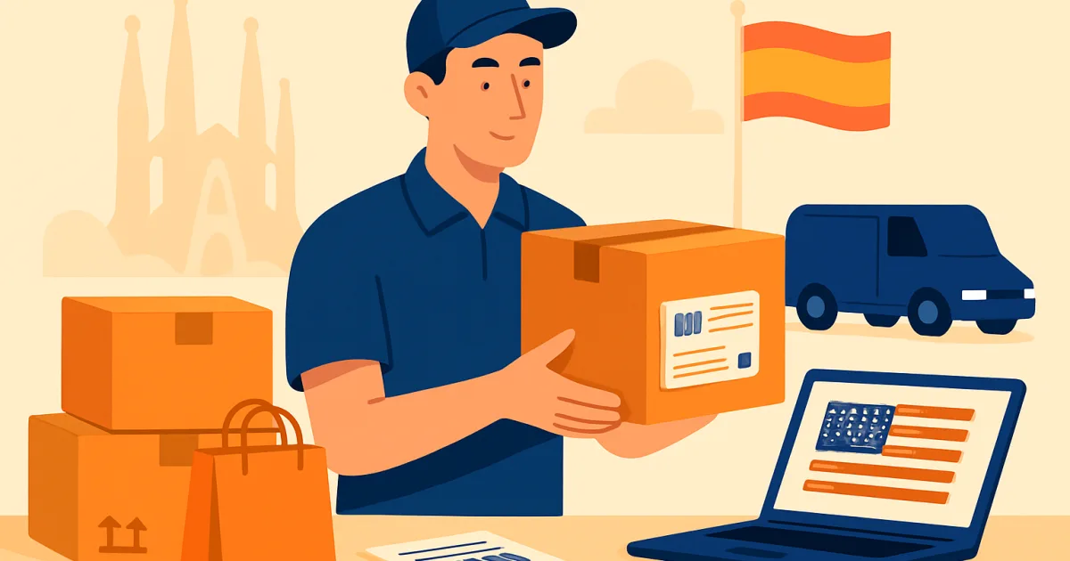 A courier handling a parcel destined for the USA, with postal materials and shipping labels nearby.
