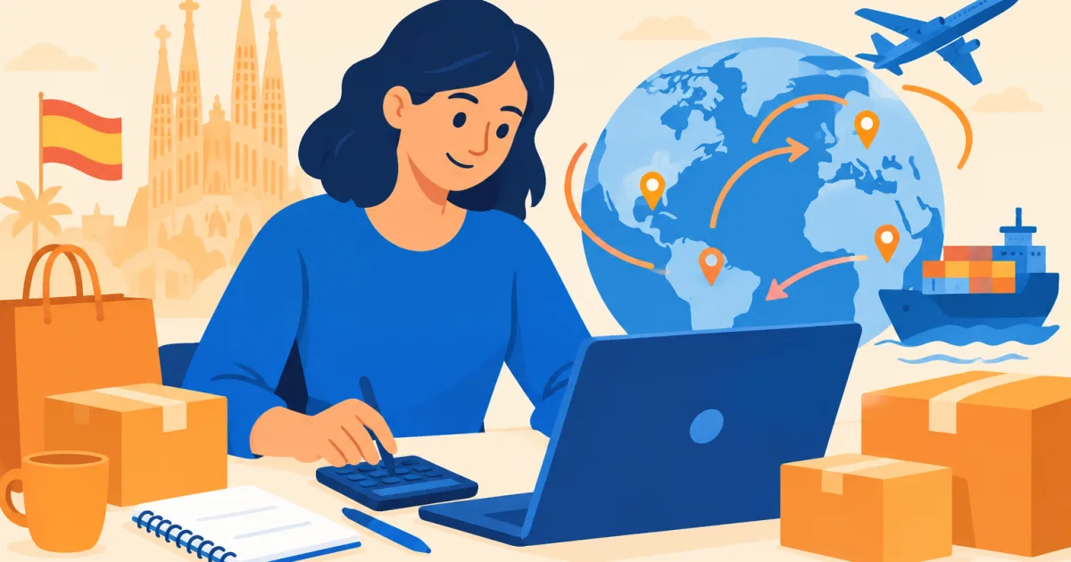 A friendly illustration of a person calculating shipping estimates with packages and a globe in the background.