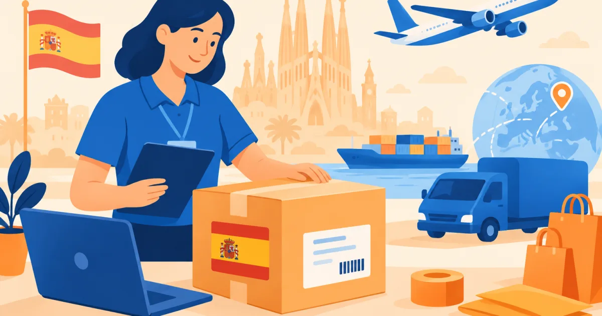 Una ilustración de un paquete listo para el envío internacional desde España sobre un fondo postal.